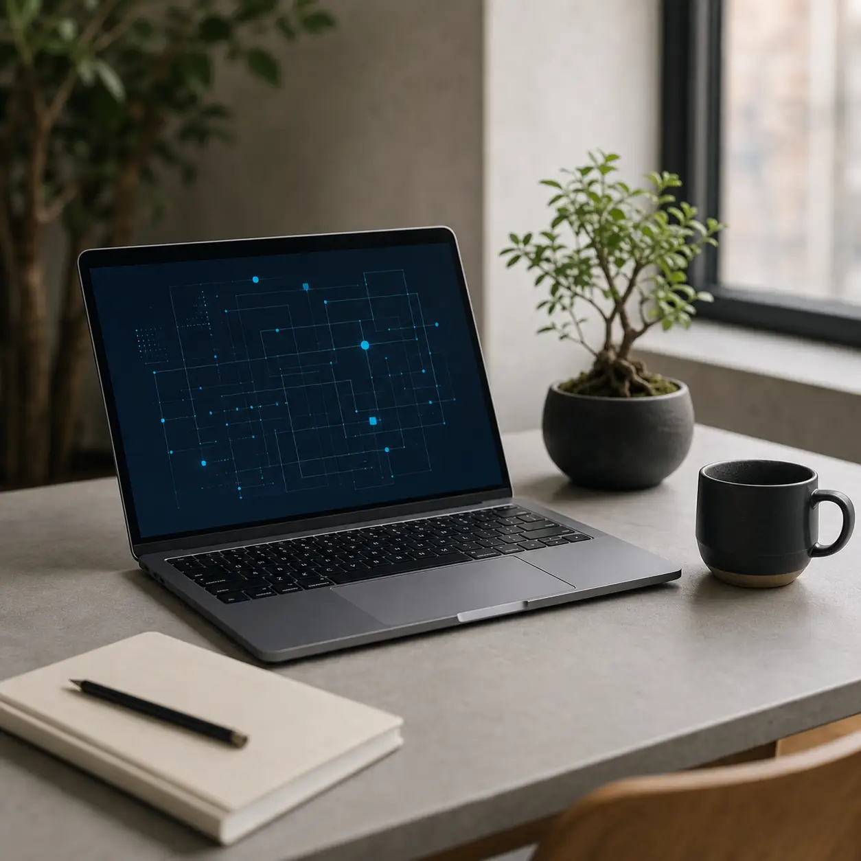 A laptop on a desk displaying an abstract network diagram